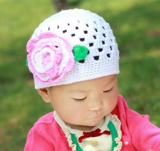 BH035 : Hand Crocheted Pink Flower Baby Hat (White)