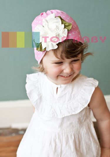 BH086 : Top Baby Dotted Pink Baby Hat with White Flower