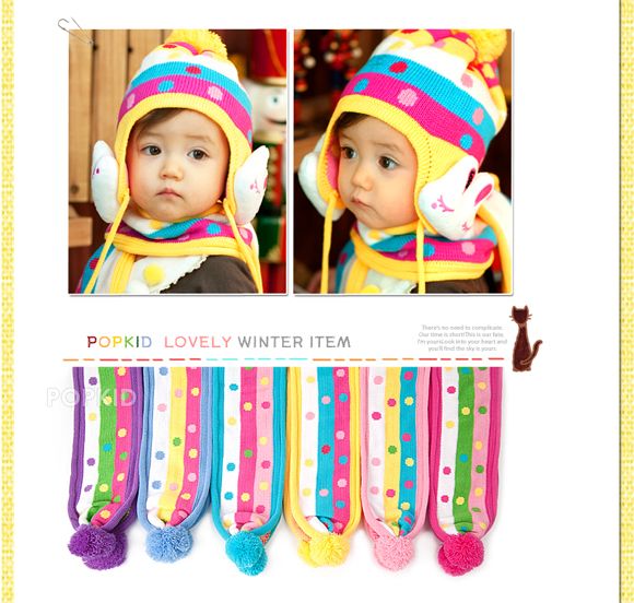 Colourful Stripes & Dots Rabbit Knitted Baby Hat