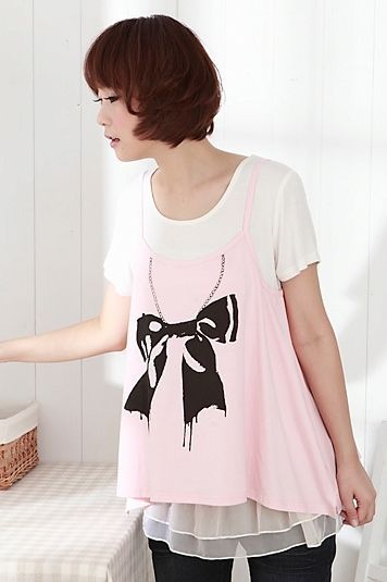 SGM085 : Big Bow Knot Print Fake 2-Pieces Maternity Blouse (Pink)