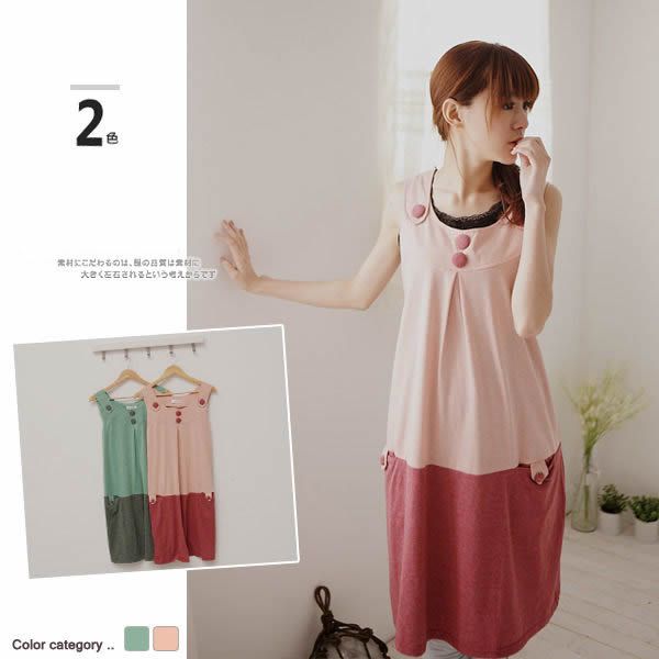 SGM087 : 2-Tone Button Design Sleeveless Maternity Dress