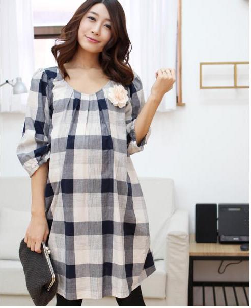 SGM141 : Korean Black & White Checker Maternity Dress (M,L)