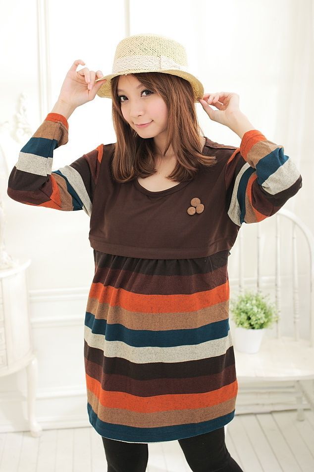 SGM150: Colourful Stripes Knitted Long Sleeves Maternity + Nursing Blouse