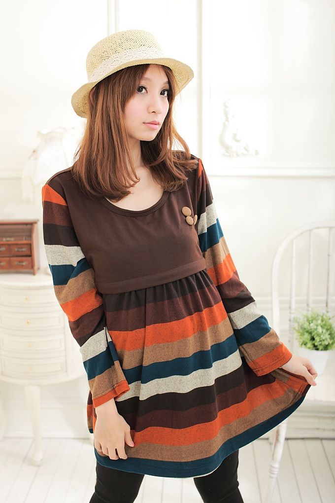 SGM150: Colourful Stripes Knitted Long Sleeves Maternity + Nursing Blouse