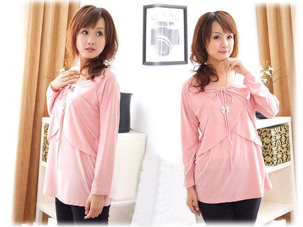 SGM154: Ruffle Layer Plain Long Sleeves Nursing+Maternity Shirt 