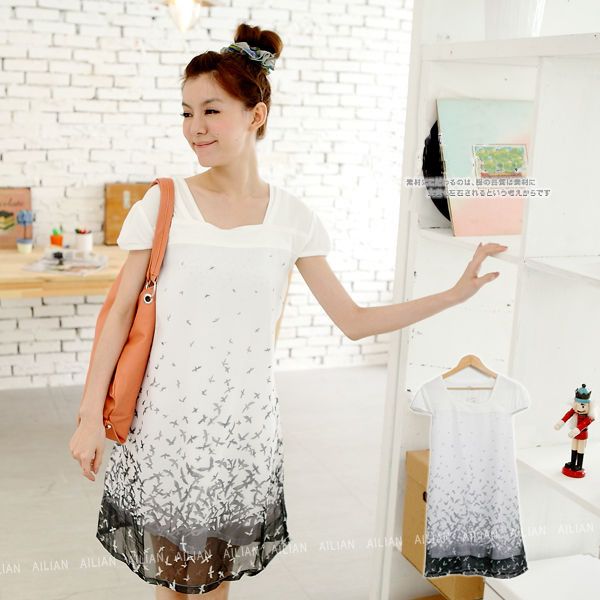 SGM186 : Graceful Flying Birds White Gradient Chiffon Maternity Dress