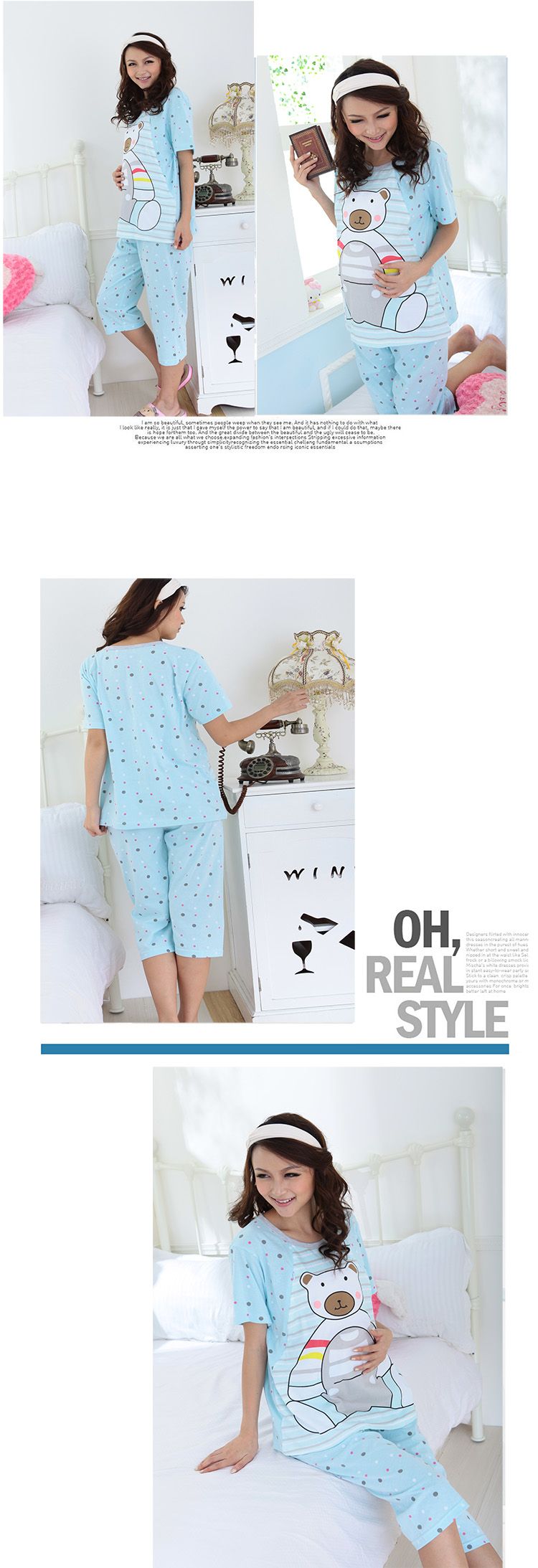 SGM220 : Happy Bear Nursing+Maternity Pyjamas (Short Sleeves Shirt+Long Pants Set)