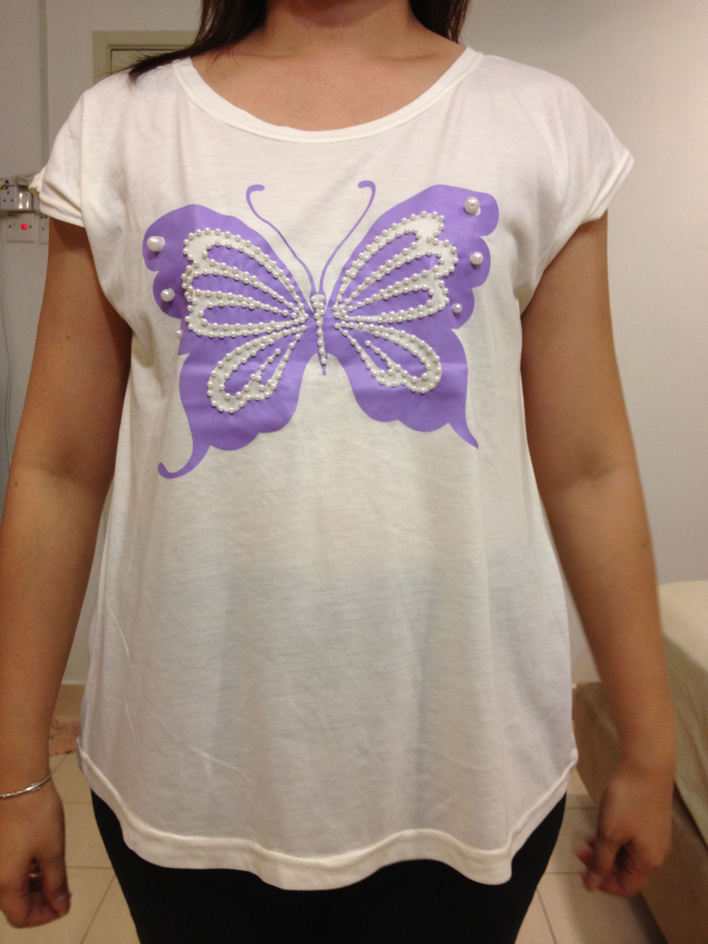 SGM242 : Pearl Embellished Butterfly Prints Maternity White Tee (Assorted Colours)