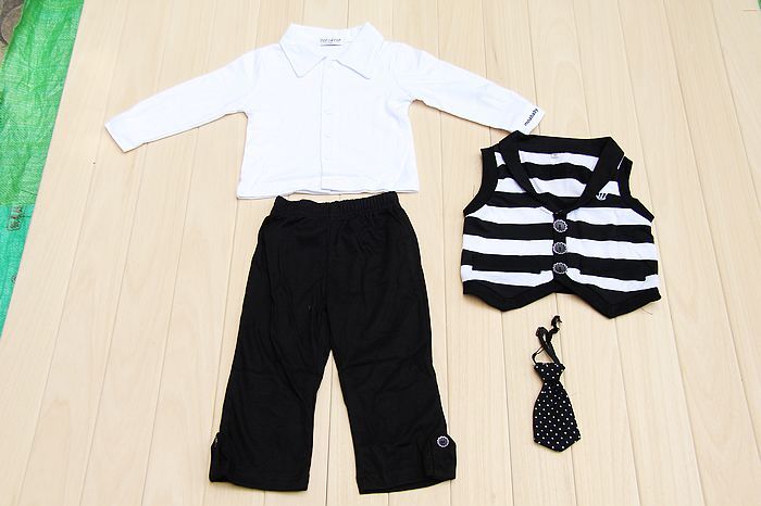 SGB455 : Smart Boy 4 Pieces Set (Stripes Vest+Long Sleeves Shirt+Trousers+Tie)