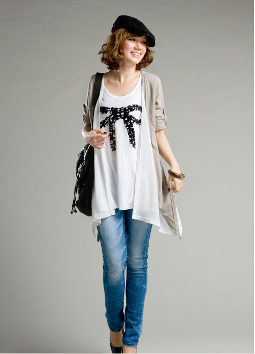 SGL024 : Fake Two Pieces Bow Printed T-shirt with Chiffon Cardigan