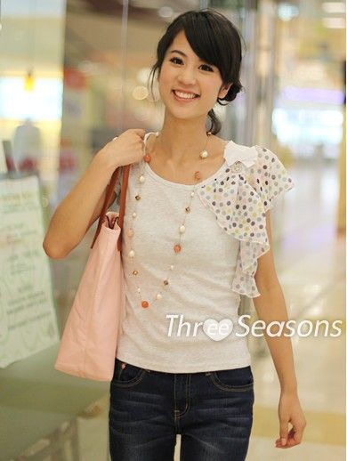 SGL175 : Trendy Single Shoulder Polka Dots Design White Tee