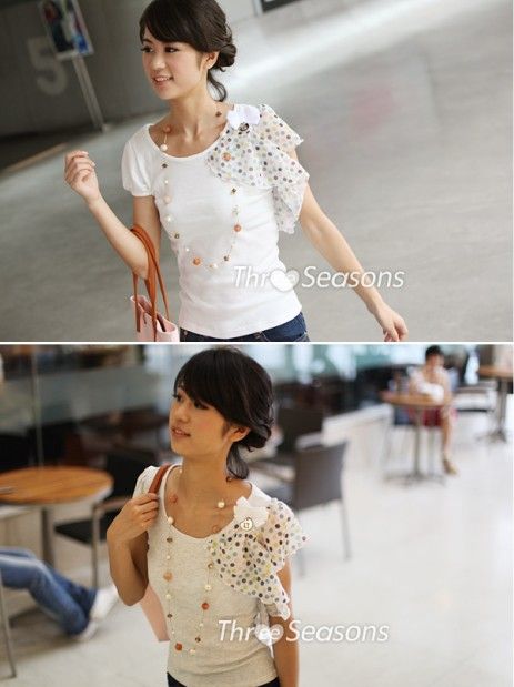 SGL175 : Trendy Single Shoulder Polka Dots Design White Tee