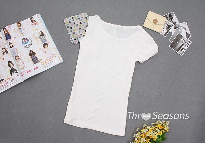 SGL175 : Trendy Single Shoulder Polka Dots Design White Tee