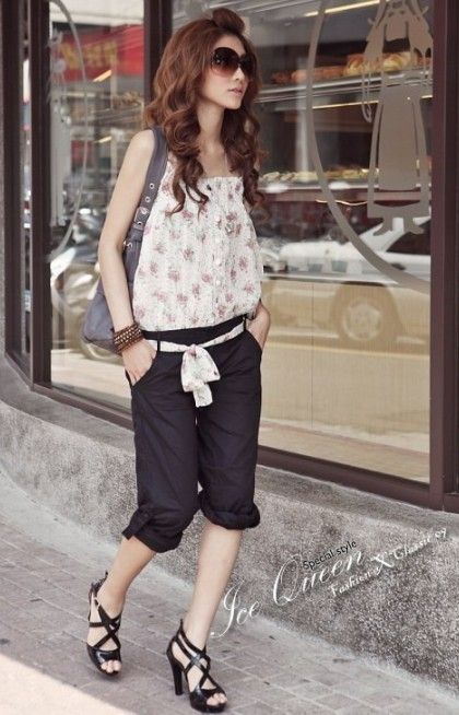 SGL183 : Floral Spaghetti Strap Bib Pants (With Belt)