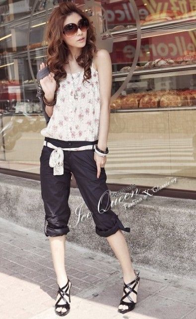 SGL183 : Floral Spaghetti Strap Bib Pants (With Belt)