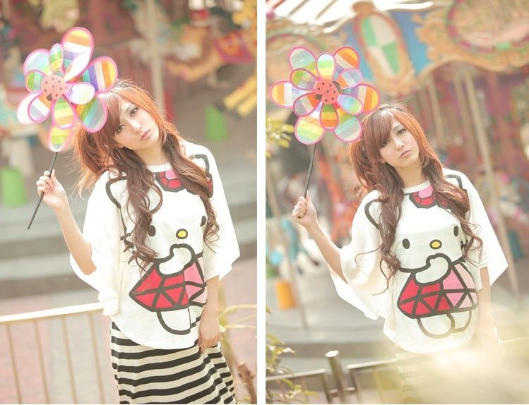SGL187 : Cute Hello Kitty Print Bat Sleeves Tee