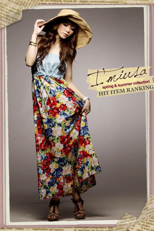 SGL196 : Bohemian High Waist Drawstring Floral Splice Tube Dress