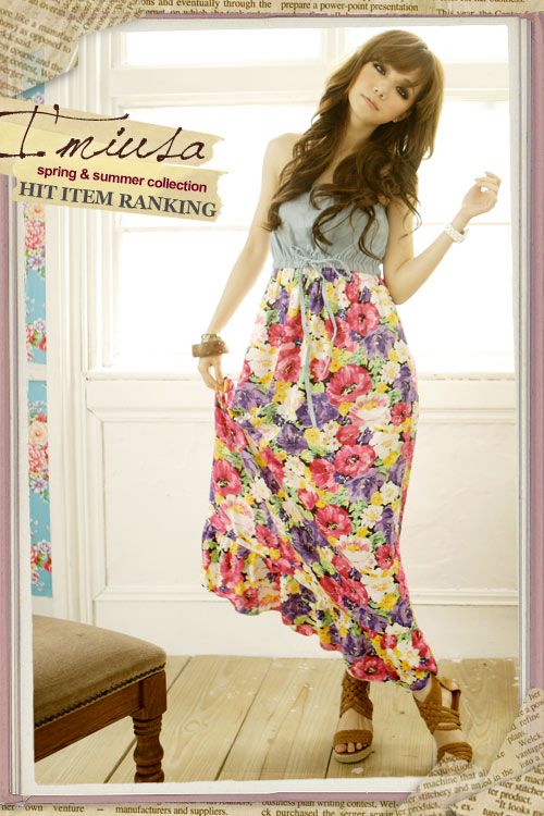 SGL196 : Bohemian High Waist Drawstring Floral Splice Tube Dress