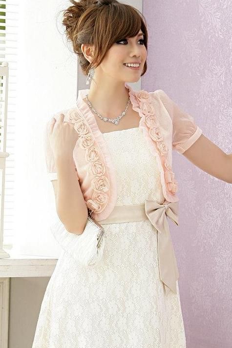 SGL218 : Rose Design Plain Colour Short Cardigan