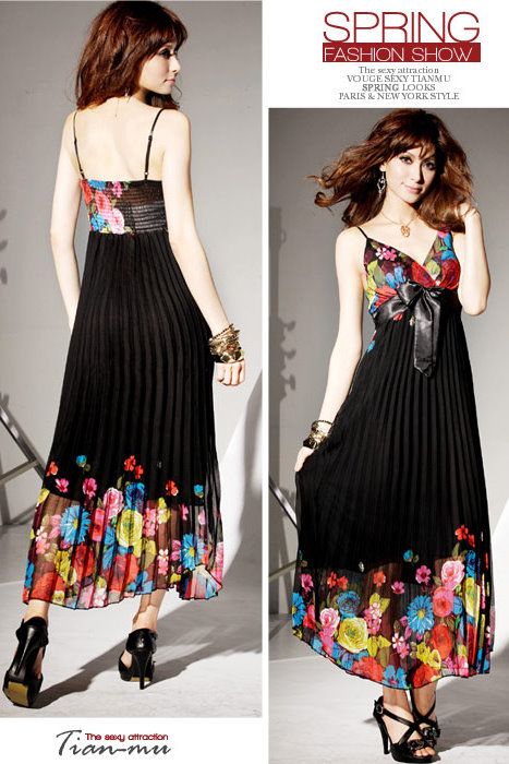 SGL229 : Sexy and Elegant Bohemian Floral Pleated Maxi Dress