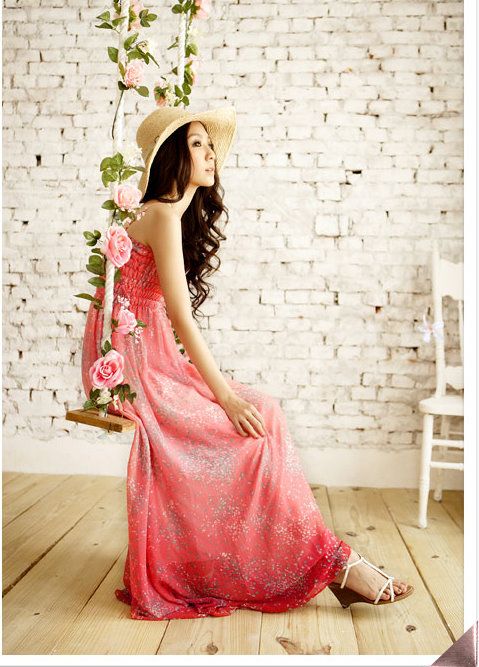 SGL238 : Bohemian Style Gradient Colour Spaghetti Strap Gathered Bust Maxi