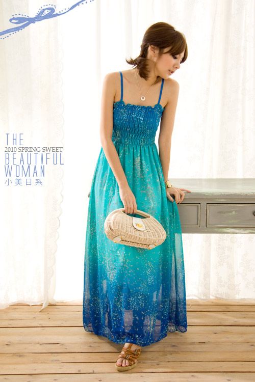 SGL238 : Bohemian Style Gradient Colour Spaghetti Strap Gathered Bust Maxi