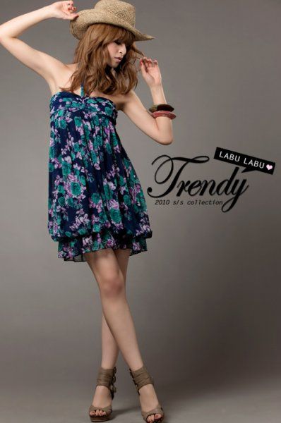 SGL239 : Floral Gathered Bust Halter Short Dress