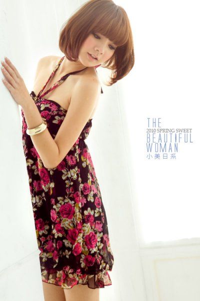 SGL239 : Floral Gathered Bust Halter Short Dress