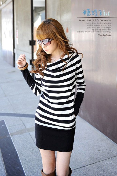 SGL246 : Stripey Hoodie Band Hem T-shirt Dress