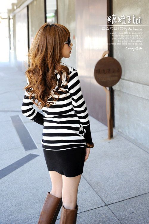 SGL246 : Stripey Hoodie Band Hem T-shirt Dress