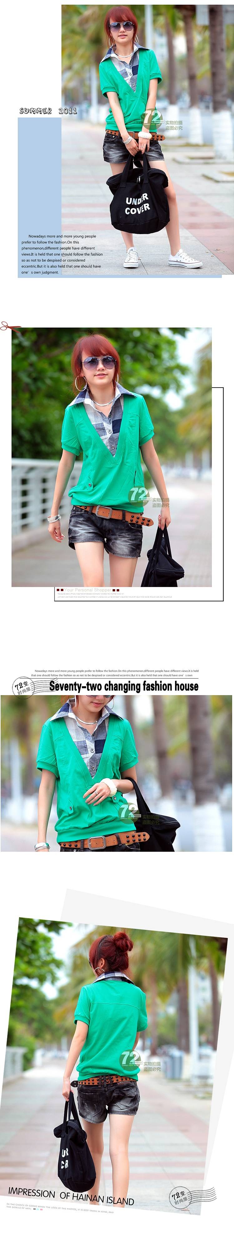 SGL260 : Checker Collar with V-Neck One Piece Blouse