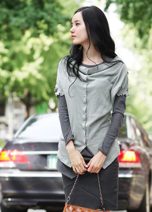SGL280 : Buttons Up Boat Neck Blouse + Long Sleeves Shirt (2 Pcs Set)