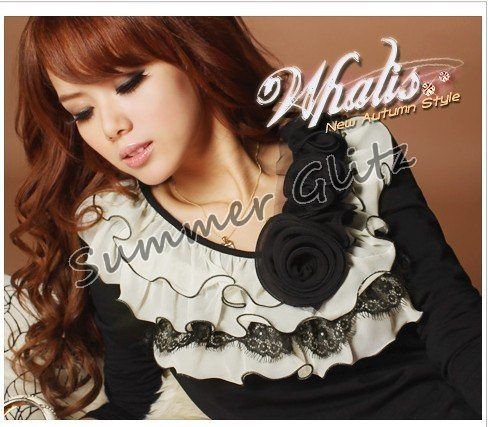 SGL284 : Ruffle Neck with Roses Long Sleeves Blouse