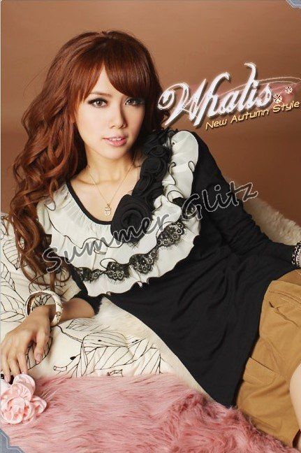 SGL284 : Ruffle Neck with Roses Long Sleeves Blouse