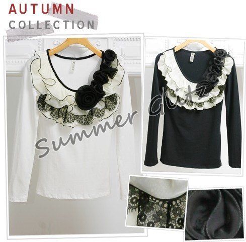 SGL284 : Ruffle Neck with Roses Long Sleeves Blouse