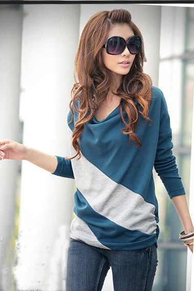 SGL295 : Draped Collar Two Tone Long Sleeves Shirt
