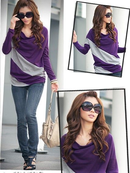 SGL295 : Draped Collar Two Tone Long Sleeves Shirt