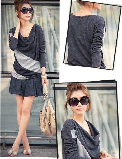 SGL295 : Draped Collar Two Tone Long Sleeves Shirt