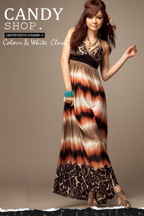 SGL297 : Sexy Deep V Halter Tie Leopard Prints Maxi