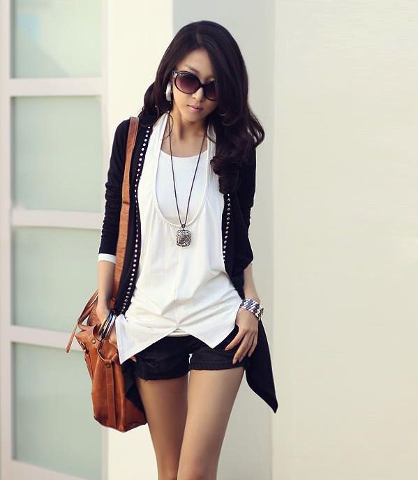 SGL303 : Rivets Embelished Asymmetric Hemline Long Sleeves Cardigan