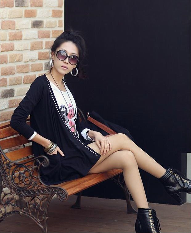 SGL303 : Rivets Embelished Asymmetric Hemline Long Sleeves Cardigan