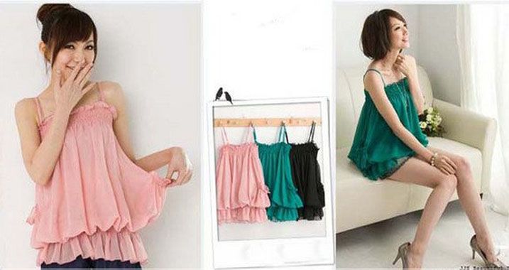 SGL307 : Spaghetti Strap Chiffon Puffy Blouse