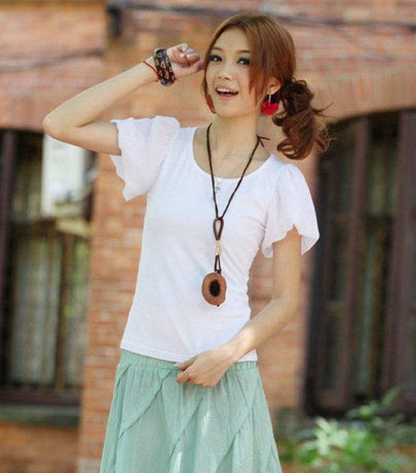 SGL310 : Round Neck Chiffon Sleeves White Shirt