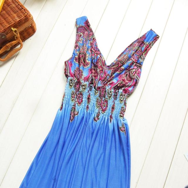 SGL318 : Bohemian Style Deep V Front & Back Smock Waist Maxi