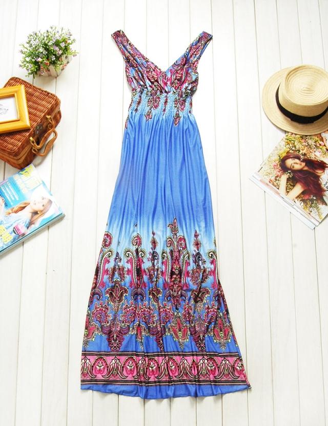 SGL318 : Bohemian Style Deep V Front & Back Smock Waist Maxi