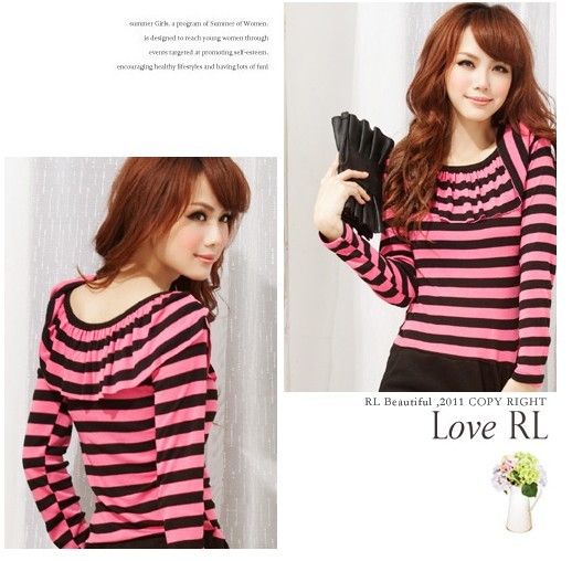 SGL328 : Lotus Leaf Collar Stripes Long Sleeves Dress