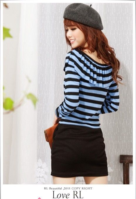 SGL328 : Lotus Leaf Collar Stripes Long Sleeves Dress