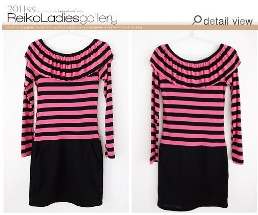 SGL328 : Lotus Leaf Collar Stripes Long Sleeves Dress