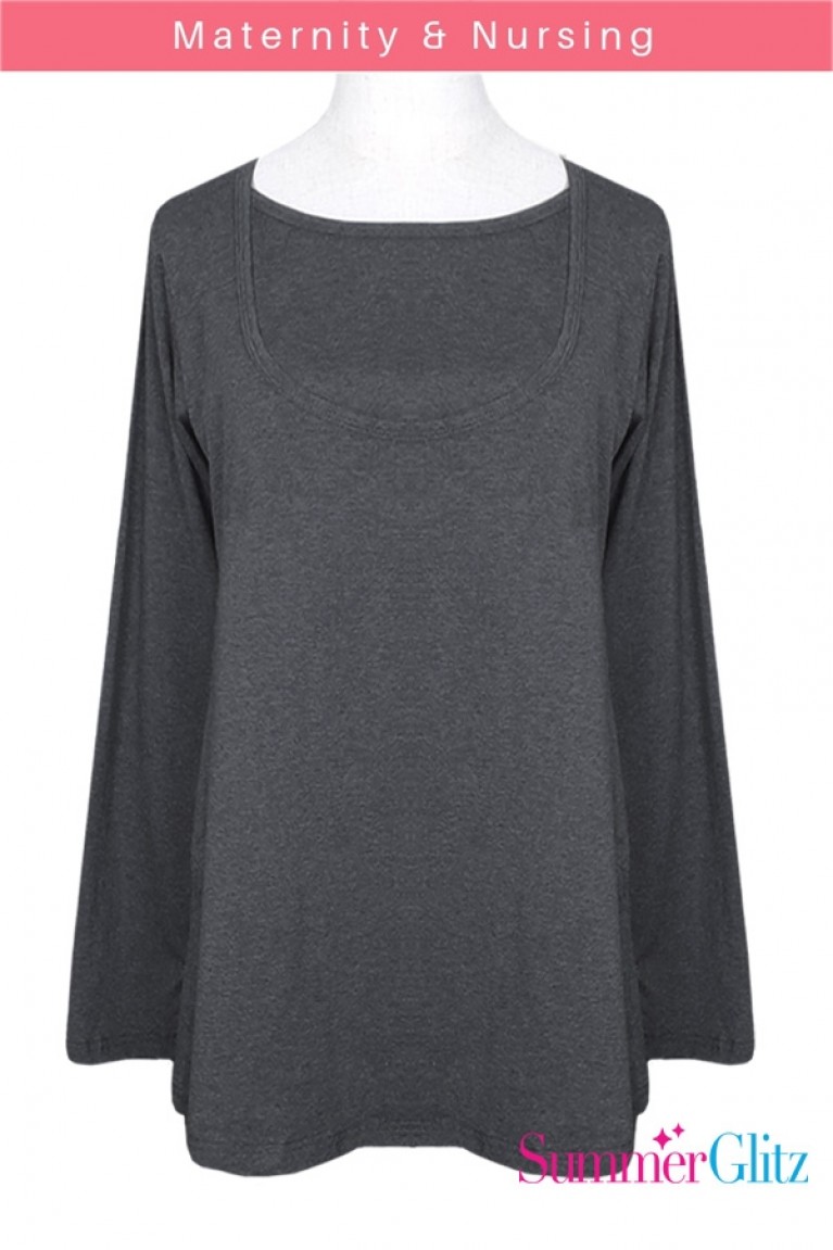 SummerGlitz Basics Premium Cotton Neckline Nursing Long Sleeve Tee With Pocket - Cloudy Grey