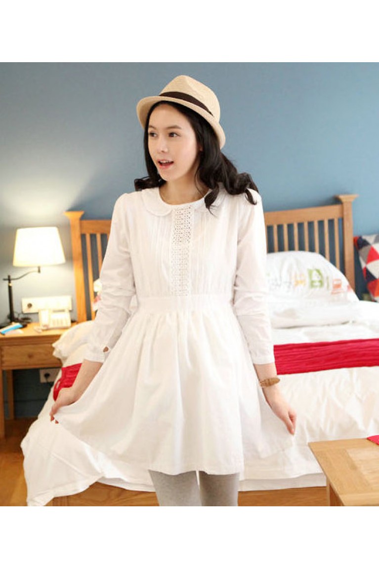 Back Open Button Maternity Dress - White